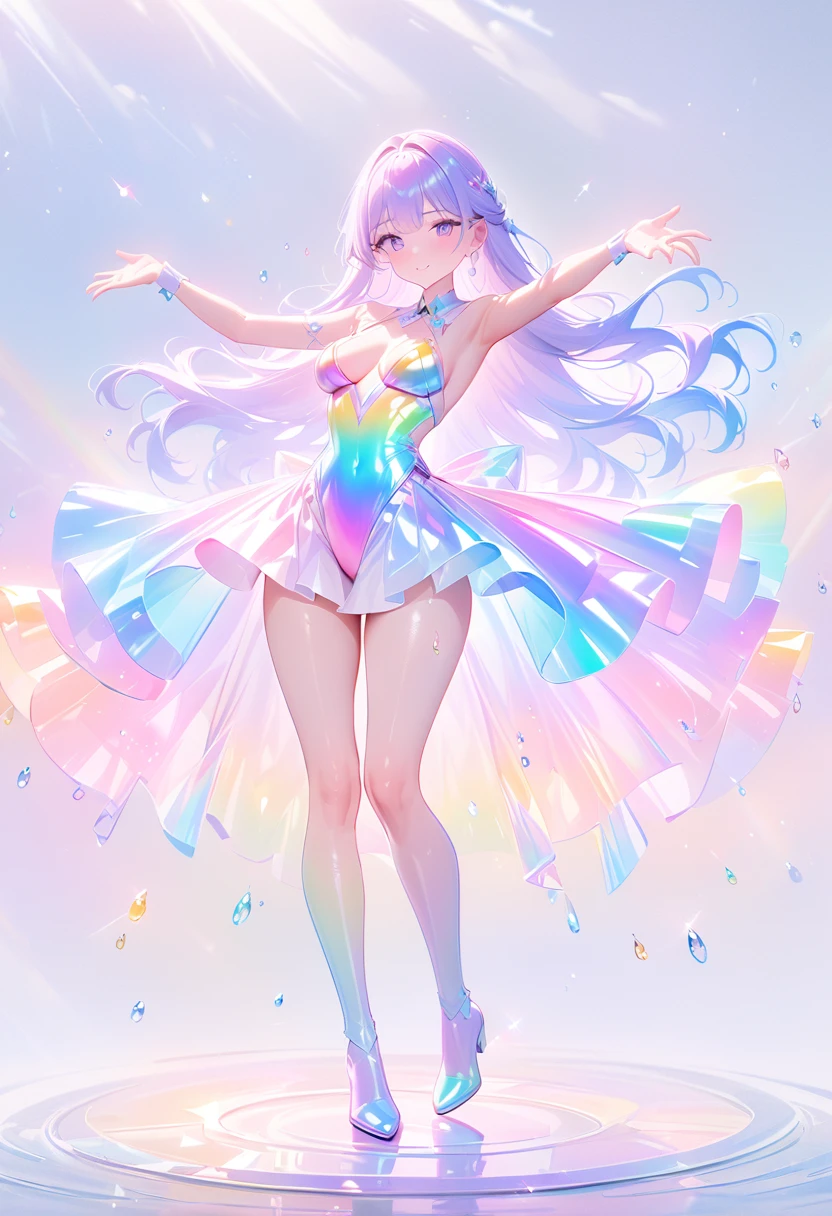  ((high detail, high quality, best picture, Masterpiece, 8k, delicate and dynamic depiction)),full body standing, sexy pose, A tall, beautiful woman in her 20s with medium breasts, Luminous design, shiny glossy iridescent clothes, shiny glossy gradient iridescent clothes, shiny reflective clothes, pastel colors, ink drops, spring lights