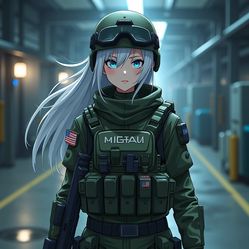 Girl, long white hair, blue eyes, cool haircut, US military outfit, bulletproof vest, in heavy armor, military helmet, in parking lot, anime