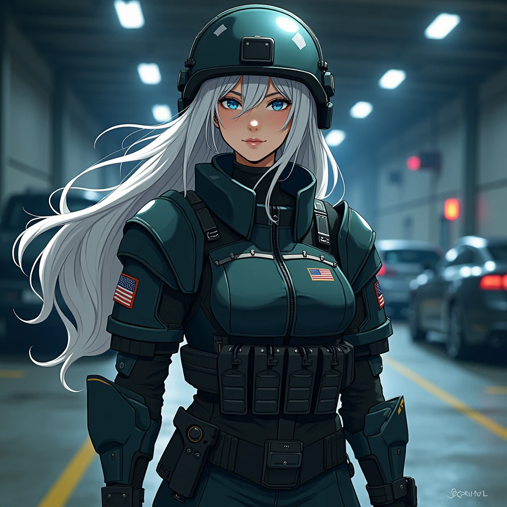 Girl, long white hair, blue eyes, cool haircut, US military outfit, bulletproof vest, in heavy armor, military helmet, in parking lot, anime