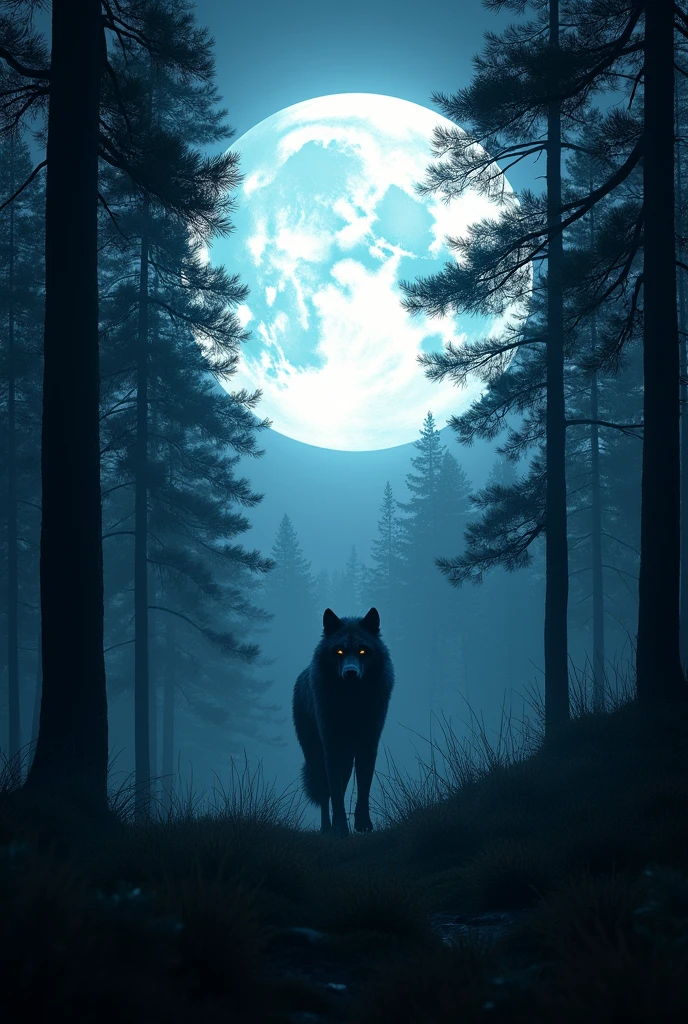 A pine forest, This is the night , a big white moon, a werewolf in the background 