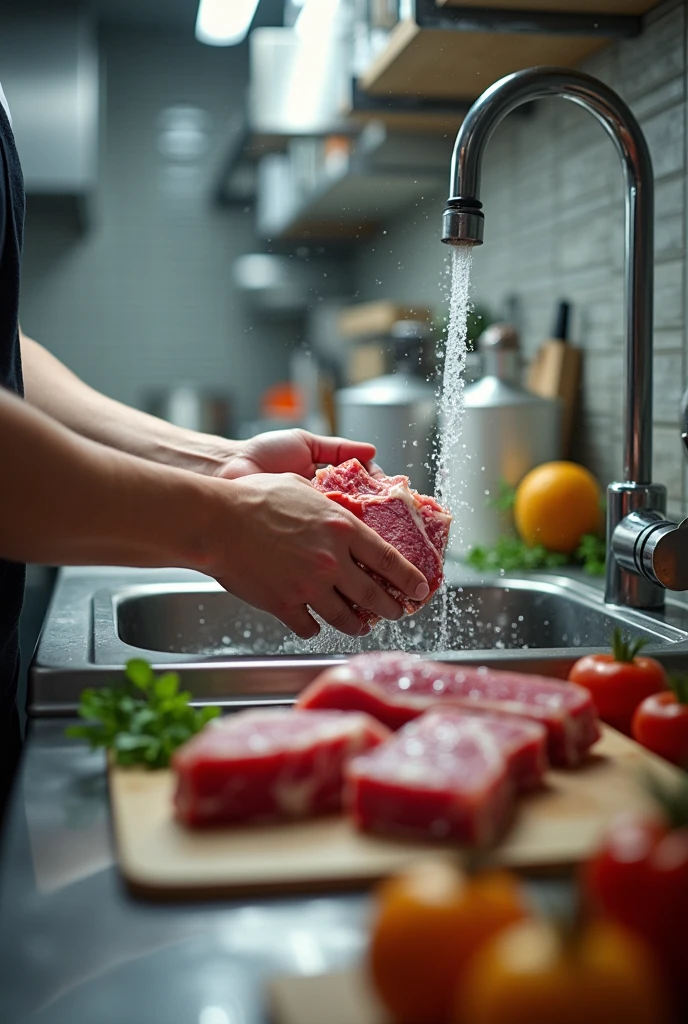 Show cross contamination within the kitchen by washing meat
