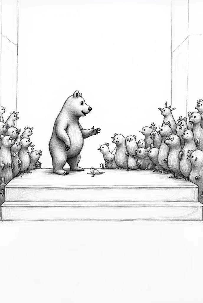 pencil sketch of a animals and a bear talking to many humans from a stage
