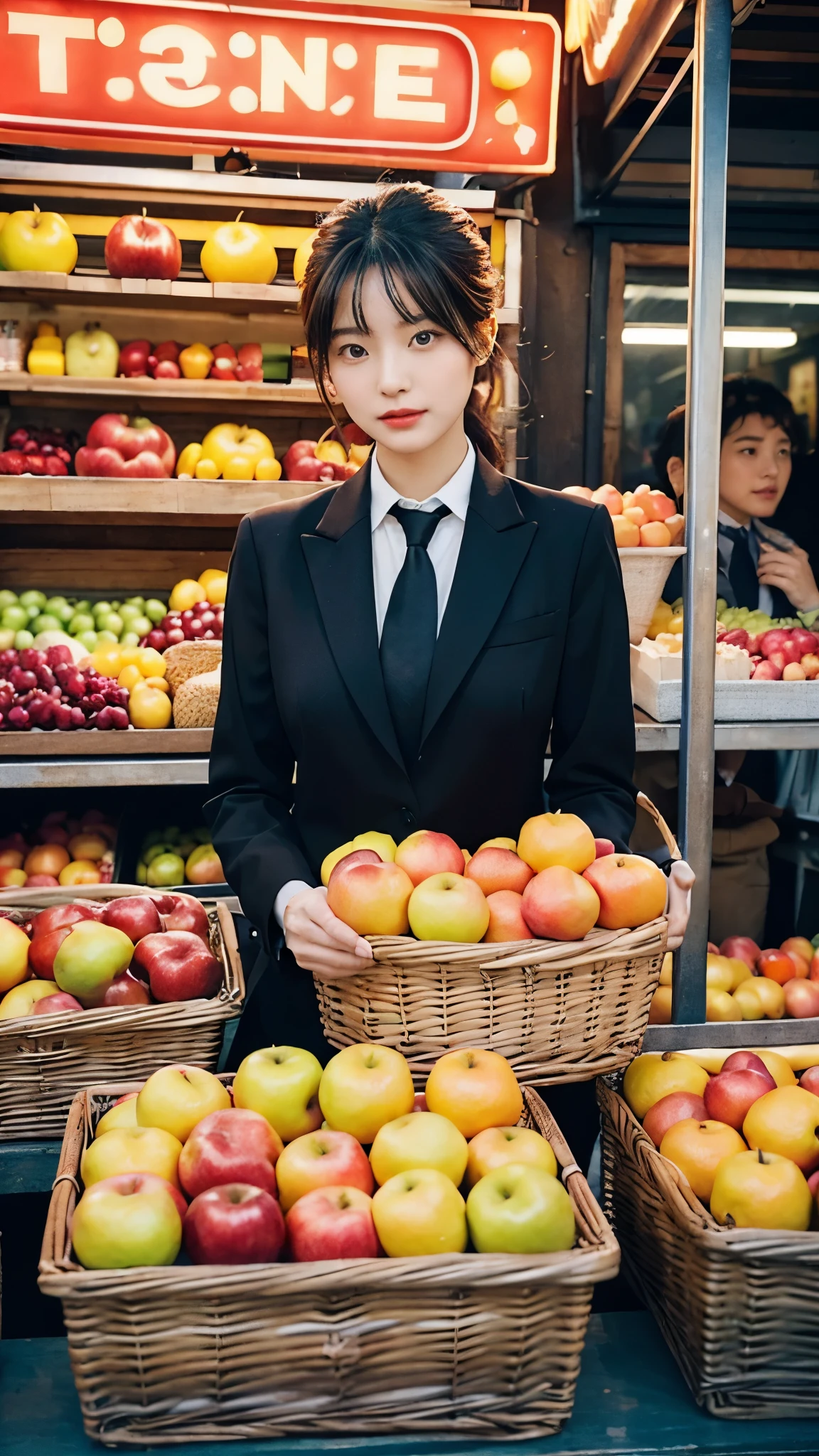  A woman in a stylish black suit with a unique tie stands confidently in front of a vibrant fruit stand, showcasing apples and oranges, Soft, even lighting highlights her features and creates a balanced composition placing her centrally, The fruit stand adds a pop of color and depth to the image, The overall aesthetic focuses on fashion and everyday life, 