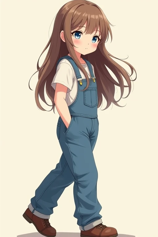 A full-body side-view portrait of a cute anime girl with long, fluffy brown hair, blue eyes, wearing blue overalls over a white shirt, and brown shoes.