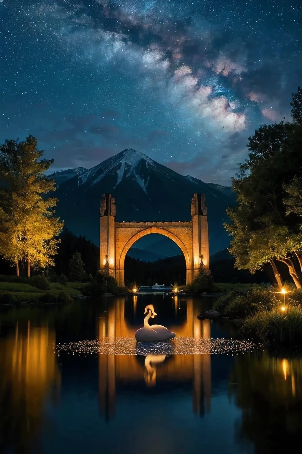 Enchanting fantasy lake scene under a twilight sky. The lake’s crystal-clear waters are illuminated by shimmering, otherworldly light, reflecting a kaleidoscope of colors. Surrounding the lake are towering, bioluminescent trees with glowing, ethereal leaves that cast a gentle, magical glow. Delicate mist rises from the water’s surface, intertwining with sparkling fireflies and floating lanterns that drift lazily. In the background, majestic mountains with shimmering, snow-capped peaks rise against a star-studded sky. A grand, ancient stone archway covered in luminous vines frames the scene, and a graceful, mythical creature—perhaps a swan with iridescent feathers—glides serenely across the lake. The atmosphere is serene and otherworldly, evoking a sense of timeless magic and wonder, swan on lake