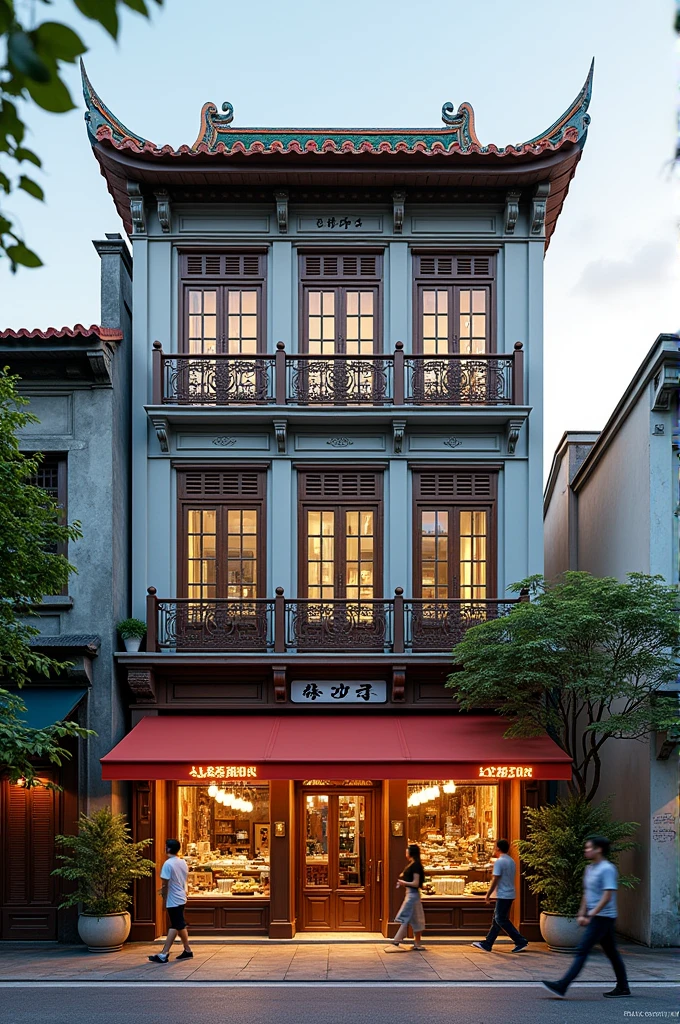 Make me a picture of a three-story shophouse, front view