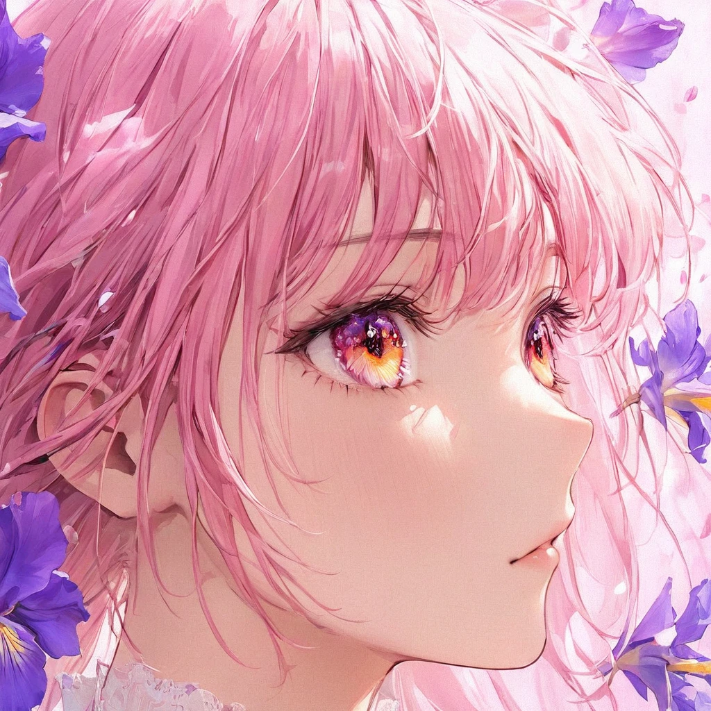 highest quality, masterpiece, surreal), Portrait of a beautiful and delicate profile girl, Playful and cute, Petals are floating in the background,Beautiful iris flowers,
