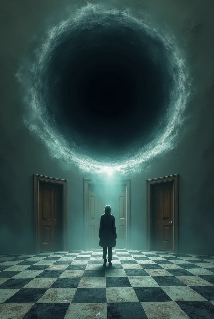 A black hole,
Three doors and a person in doubt which door to enter Checkered floor 