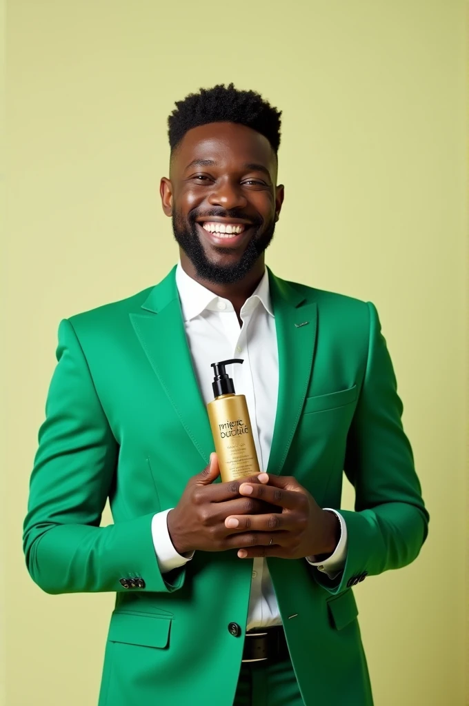 "A happy man, with lots of straight and very short hair, is wearing a green suit. He is playing with his hair with one hand, and with the other he is showing a hair product the image shows his entire body.