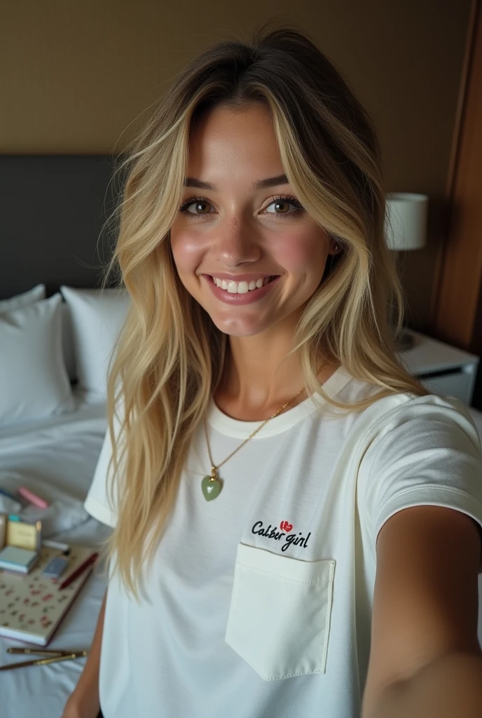 Blonde with dark roots girlfriend, messy ponytail hair, natural, no makeup, wearing a jade heart necklace, and a large white tshirt, sitting in a hotel room and taking a closeup selfie at night. her tshirt has a small logo on pocket with text: "caliber girl". on the bed in the hotel room is a stack of towels, a small gift box, and orchid patterned notebook with pen. she's about to go on video call with her boyfriend and preparing to log in.