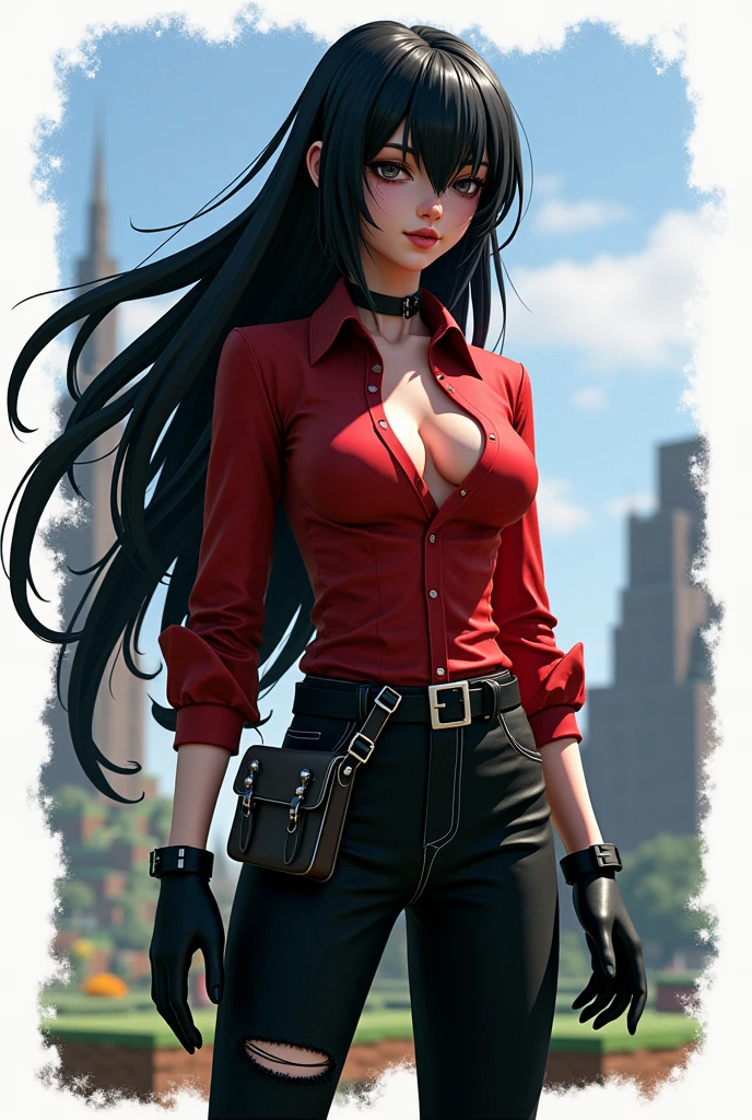 I want a character with black hair with white with a red shirt and black gloves and from Minecraft and with a background from Minecraft and a white border with black pants on one side torn at the cleavage and with a bag at the waist and with. black shoe