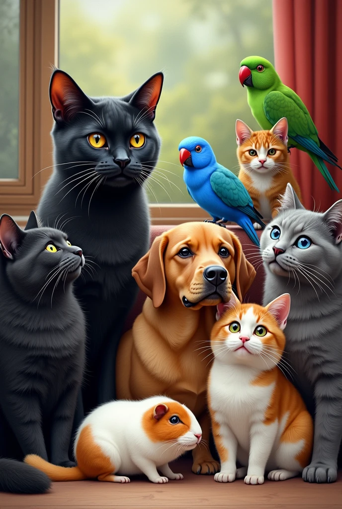 Picture of a black cat, a medium brown dog, a blue parakeet and a green parakeet, a white guinea pig with a brown bottom,  an orange and white cat, a gray cat, a black and white cat. All in realistic style