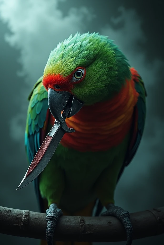 Killer parrot with a knife in its beak, 4K