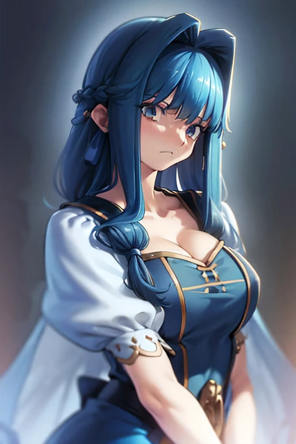 A beautiful detailed girl with long blue hair, big bust, wearing a long blue collegiate dress, highly detailed, photorealistic, 8k, ultra-detailed, hyper realistic, cinematic lighting, dramatic colors, intricate details