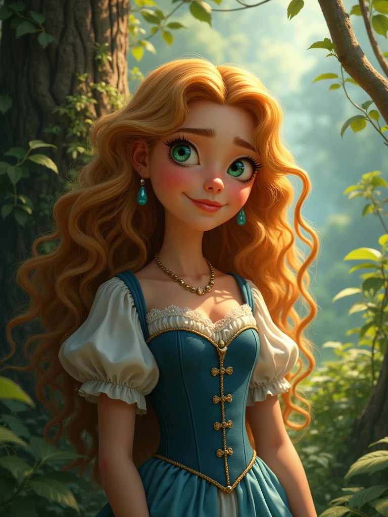 (masterpiece:1.2), (Highest quality), (Super detailed), (8K, 4K, Complex),(Half Body:1.2),(cowboy:1.2),(Very detailed:1.2),(Detailed face:1.2), (Detailed Background),(Portraiture),Detailed forest landscape,GOLDELOCKS One Girl, alone, Long Hair, smile, Blonde, dress, golden curvy Hair, Green Eyes, Arms crossed, corset, blue dress, pixar style, she was walking
