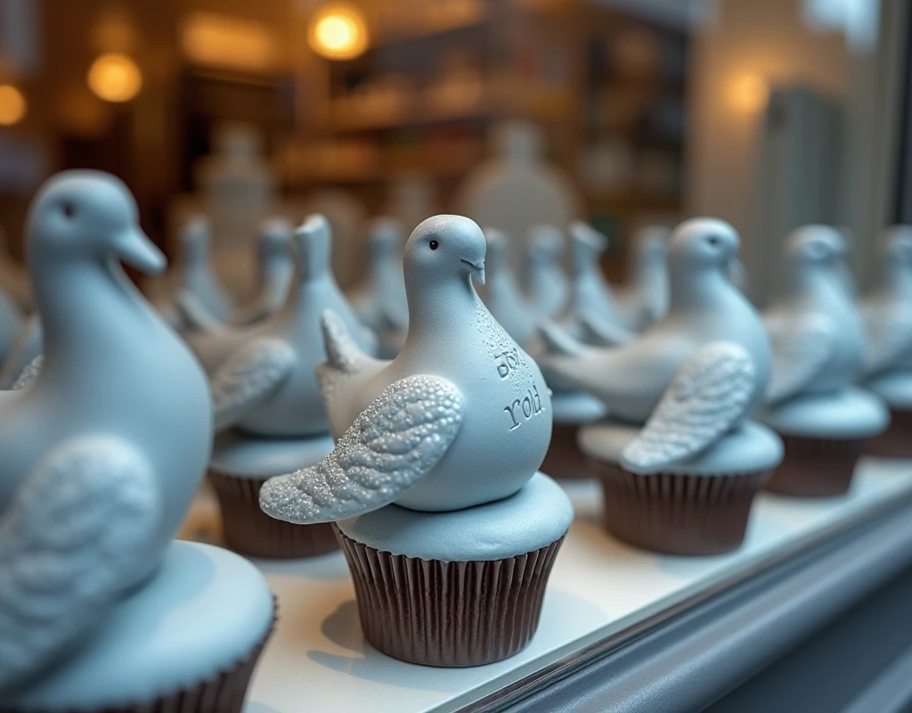((Highest quality)), ((masterpiece)), (detailed), A realistic grey dove-shaped cupcake「SORA ROID」Written,Many are lined up in the shop window, front, photorealistic, realistic photo, from movie stills