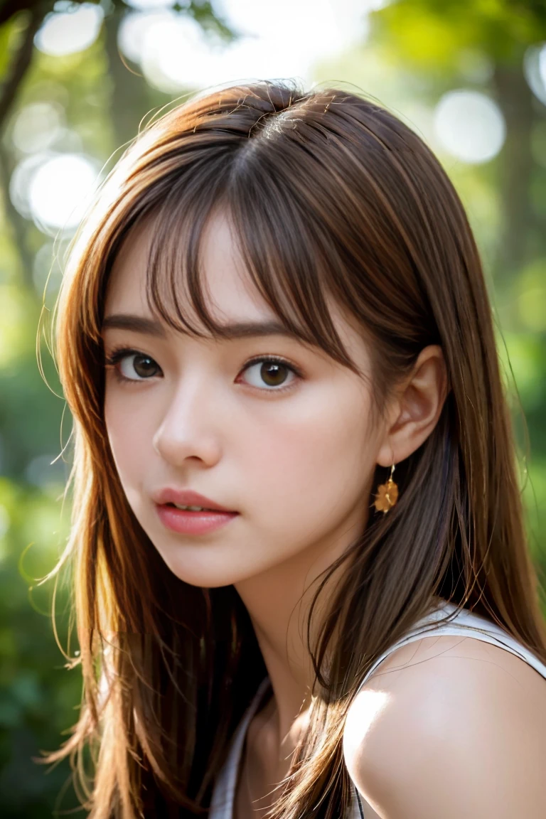 1 Female, Close-up of face, huge ,Light brown hair, Blunt bangs, Hair behind the ear, Hair that falls over the shoulders, Long Hair, Slim figure, Ultra Fine Face, Thin face, Delicate lips, Beautiful Eyes, Light blush, eyes are light brown, Perfect glowing skin, Perfect Skin, Shining Sweat,Have a look at this, Ultra-thin needle, Very thin fingers:Realistic:1.3), (Maple forest:1.4), First Person View, Fujifilm, 8k, Tabletop, Hmph, Super Detail, high quality, 最high quality, High resolution, ((Don't show your fingers))、Golden Hour Beautiful light, (Black Long Sleeve Sweater)、((Checked mini skirt)) (Medium Size:1.4) (((positive image:1.3)))