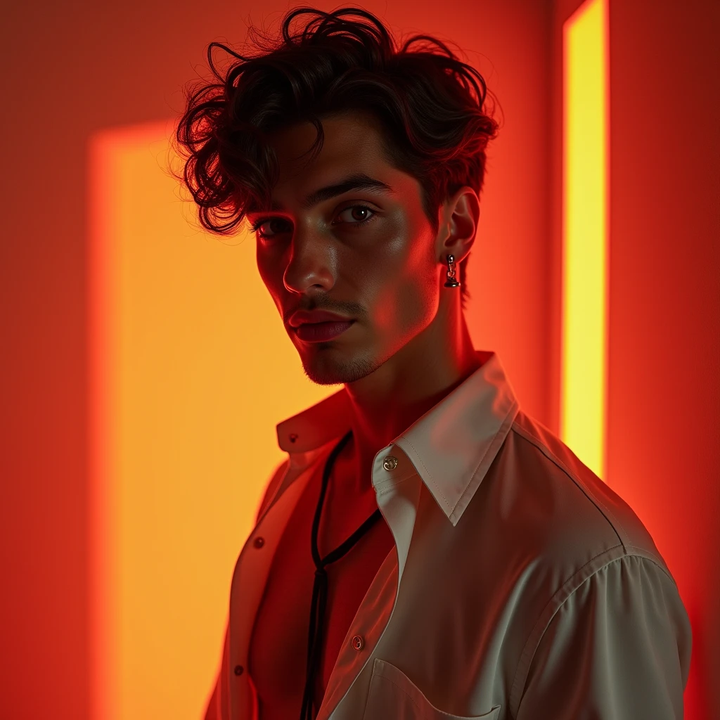 young European man, with short black hair , red eyes , smirking, dressed in a unbuttoned shirt, normal slim body figure ,slowly undressing , red , lighting , red eyes, red highlights on body , 8k