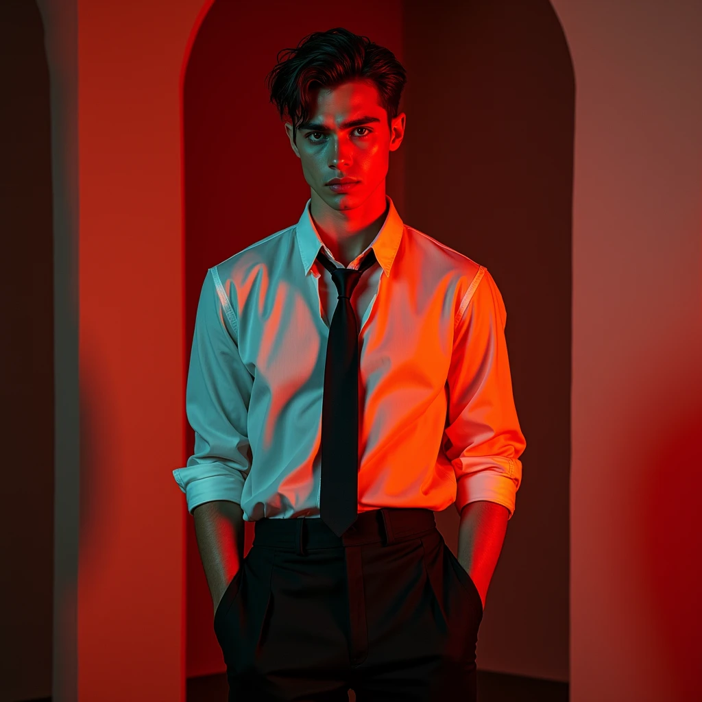 a handsome man with the first two buttons of his shirt unbuttoned and his thin tie loosened, wearing a short flared skirt, beautiful detailed eyes, beautiful detailed lips, extremely detailed face, long eyelashes, elegant, stylish, high fashion, photorealistic, 8k, hyper detailed, studio lighting, cinematic lighting, professional photography, dramatic lighting, vibrant colors, warm color palette, intricate details