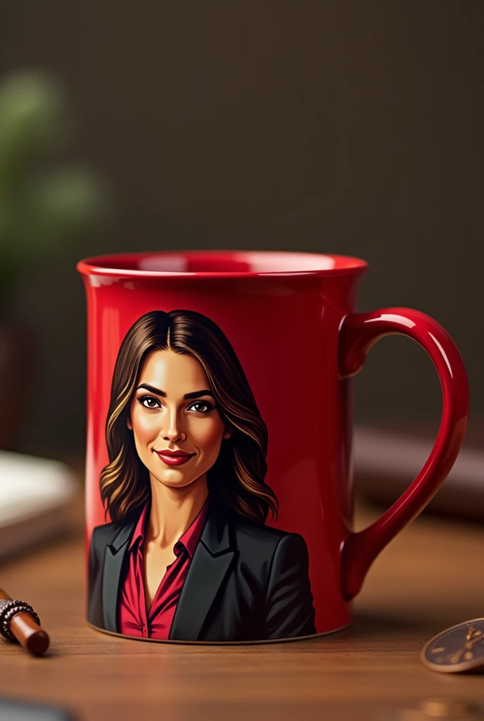 A red Ana Clara mug with the law symbol written on the back Ana Clara