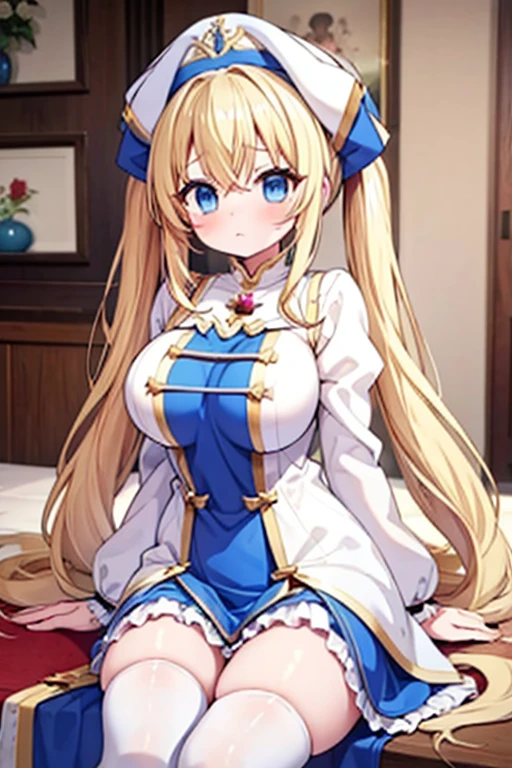 Blonde with blue eyes、Lolita、Large Breasts、Twin tails、Girl Brat,Large Breasts,Cute eyes,Puffy eyes,１Animal Pomeranian,Priestess Costume,