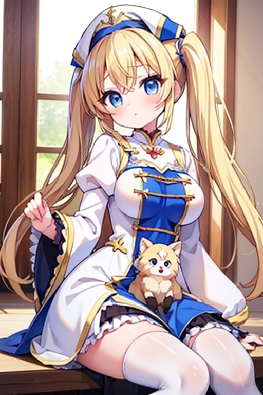 Blonde with blue eyes、Lolita、Large Breasts、Twin tails、Girl Brat,Large Breasts,Cute eyes,Puffy eyes,１Animal Pomeranian,Priestess Costume,