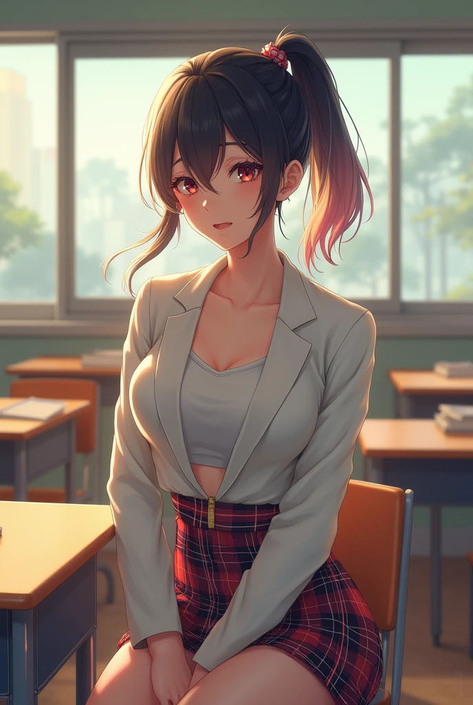 Photorealistic, High resolution, Soft light,1womanl, Solo, hips up high, (Detailed face),（(Girl sitting in school classroom))，Colorful hair、short-cut，Wear、(White Blazer)、(Check skirt),Long hair、(poneyTail)、((up skirt)）、（I can see panties）、