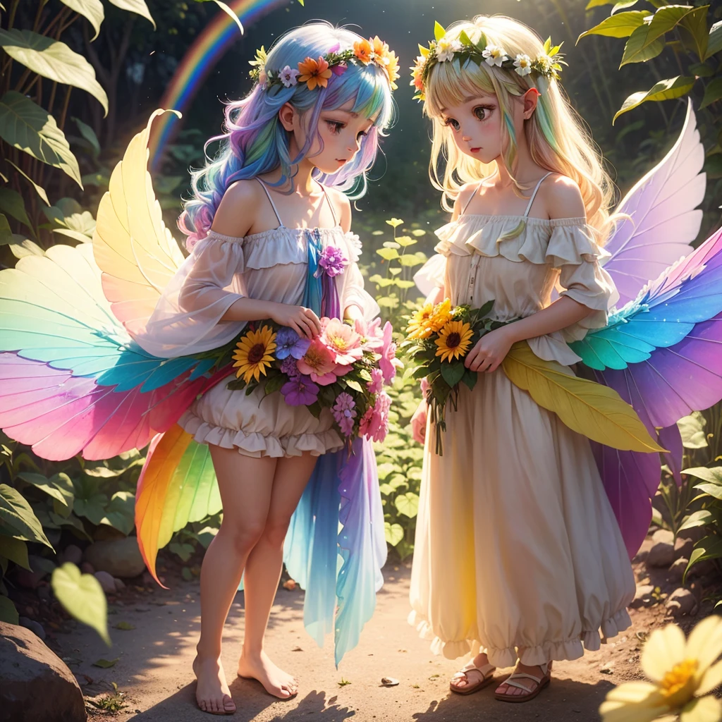 cute little fairy rainbow hair rainbow transparent wings flowers leaves clothes made of leaves flowers flower crown big flower light sunshine big flower leaves