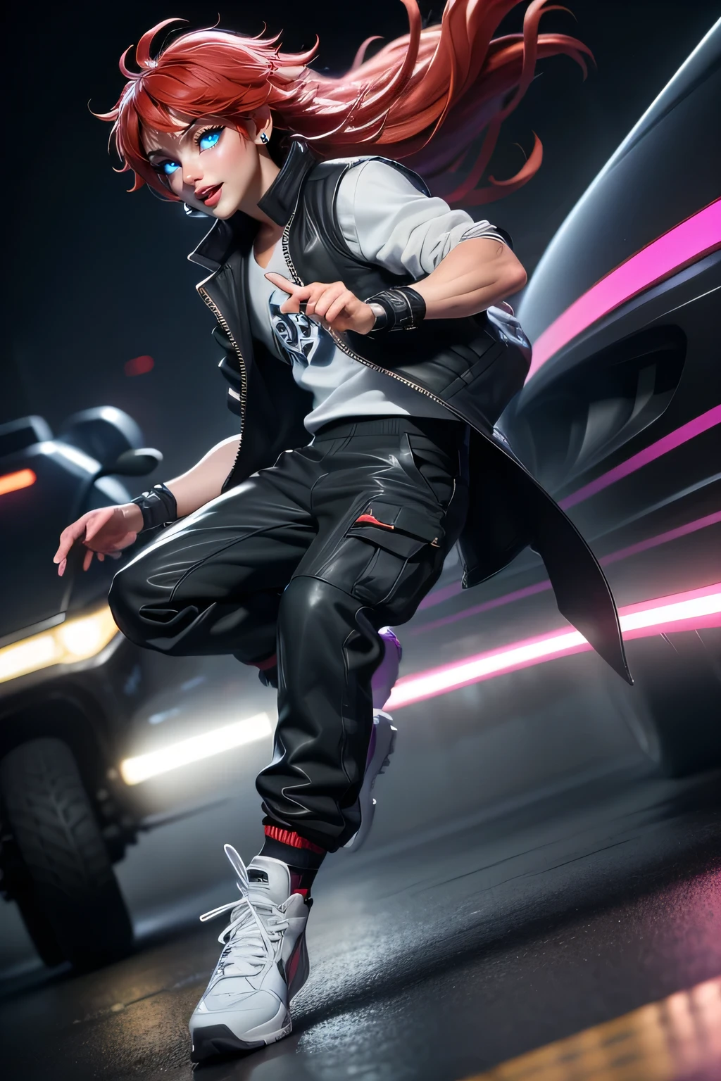 1boy, Dancer、Artistic jump、break dance、Strenuous movements、vibrancy、cyberpunk style、Blade Runner vibe、Steam flows from exhaust outlets on the road surface、The road surface is wet、solo、Fluttering hair、handsome male、a small face、white skinned、hason、young 、Bright smile、half-open mouth、White teeth are visible、(Gradient of black-red hair、Long messy hair)、(cargo pants、vests、White sneakers)、(delicate detailed fingers、Detailed body、detailed arms、human hand)、(Detailed face) 、(8k、top-quality: 1.4、tmasterpiece、 hyper HD、 Top resolution,、The is very detailed、 profesional lighting、 Gray light illumination、low angle from below、Blow steam into the landscape、Fog in the landscape、Foggy.