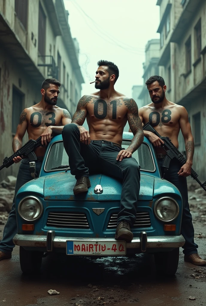 Generate a picture of 3 men  . They have their number tatoo on their chest. The leader number is 01 and other two number are 03 , 08 respectively . All numbers tatoo should clearly visible. The 01 number men are sitting on the roof of a old blue dacia car and he's smoking  cigarette in up head style . One of them is standing at left side of car and other one is on right side with m416 gun.  TOXIC are printed on the car number plate .This are are situated in infected area.