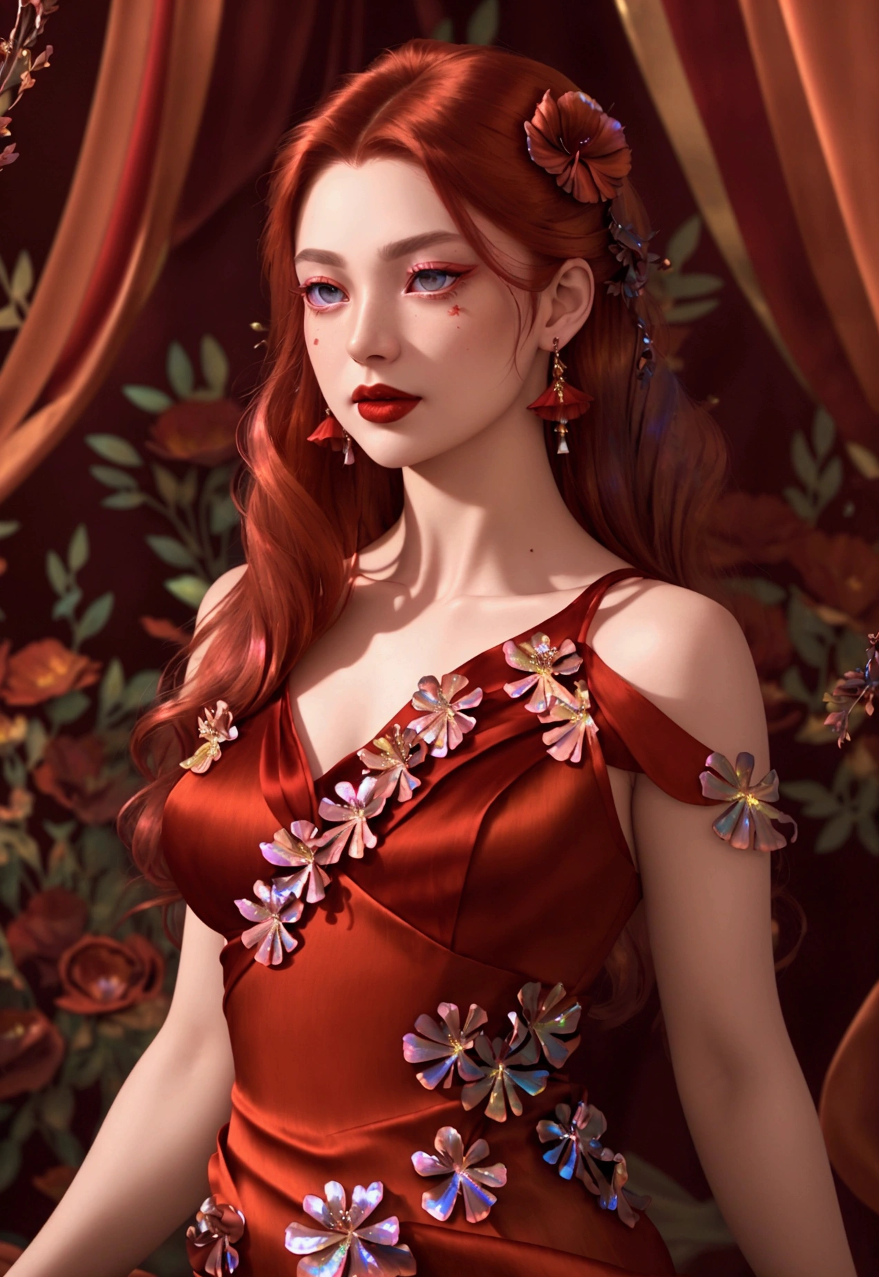 Studio background, red flowers, bokeh, red light on the hair, alcohol paint, a masterpiece. Beautiful realistic woman, detailed face, crystal clear amber eyes, red lipstick, flowing brown hair, dried red flower in hair, delicate earrings and necklace, (((bright iridescent floral satin red dress, exposed shoulders))), sense of movement, chiaro-dark lighting,UHD.