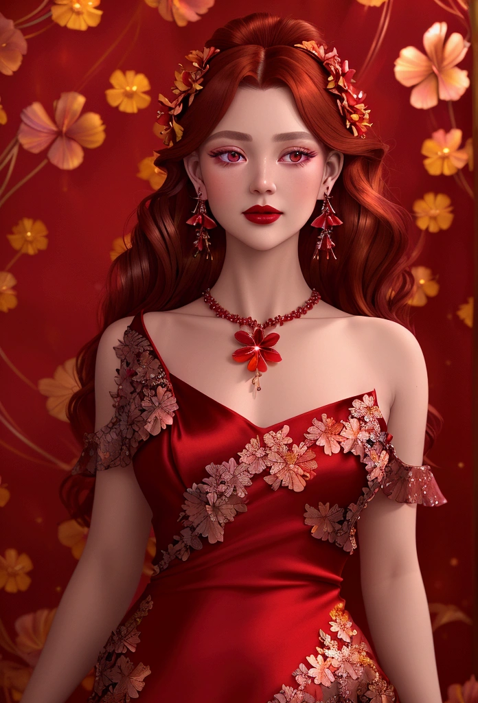 Studio background, red flowers, bokeh, red light on the hair, alcohol paint, a masterpiece. Beautiful realistic woman, detailed face, crystal clear amber eyes, red lipstick, flowing brown hair, dried red flower in hair, delicate earrings and necklace, (((bright iridescent floral satin red dress, exposed shoulders))), sense of movement, chiaro-dark lighting,UHD.
