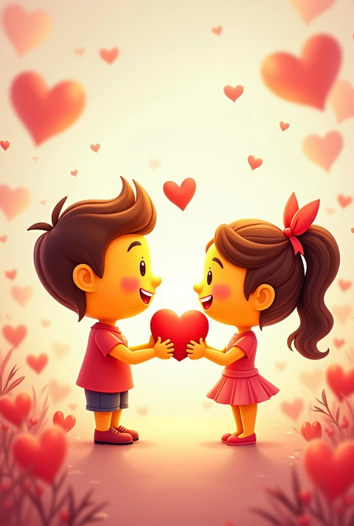 two yellow and red emoji with beautifull hears, one are man and second is girls in romantic style gifting a red heart to each other
