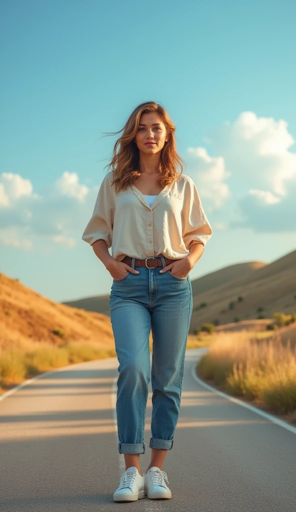 30 year old young curvy woman standing on the road with the sky behind him in casual clothes