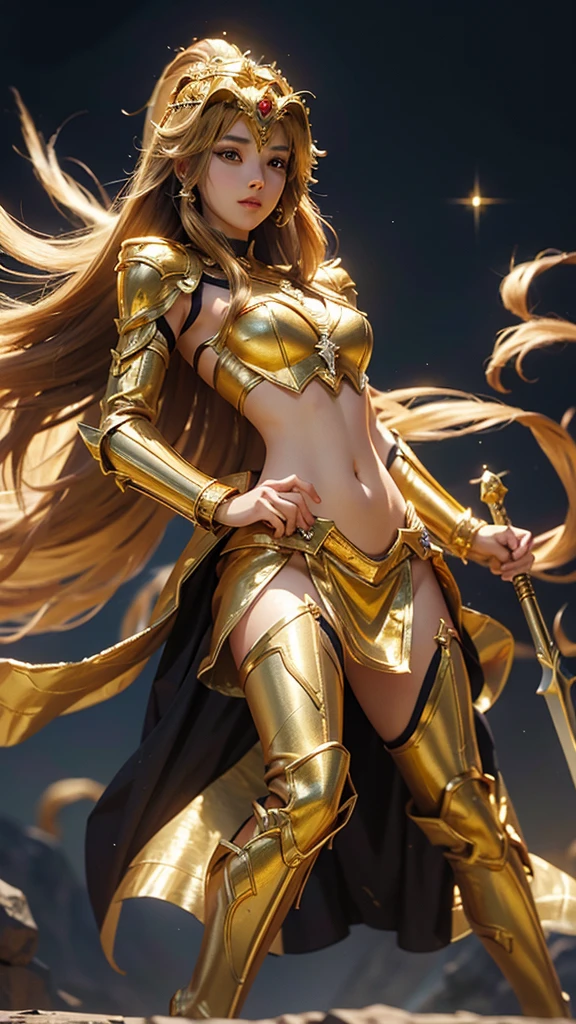 1girl, solo, saint seiya_custome, superhero, gold armor, Golden dress, beautiful princess, belly, being on the battlefield, the golden sword