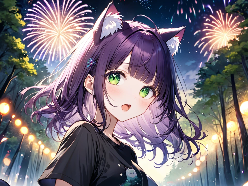 (masterpiece), best quality, expressive eyes, perfect face, solo, , cat ears,
long hair, wavy hair, blunt bangs, purple hair, green eyes, flat chest, black t-shirt, open mouth, short sleeves, 
forest, night, fireworks,