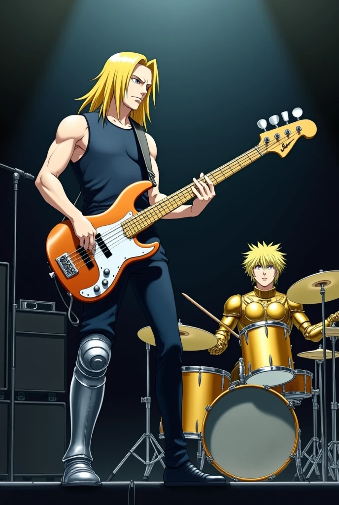 Faça o Edward Elric do anime fullmetal alchemist, playing bass in front of a stage, in the middle, with the metal leg on top of the return box and behind him a little to his right his brother Alfonse Elric in armor, playing a golden drum.