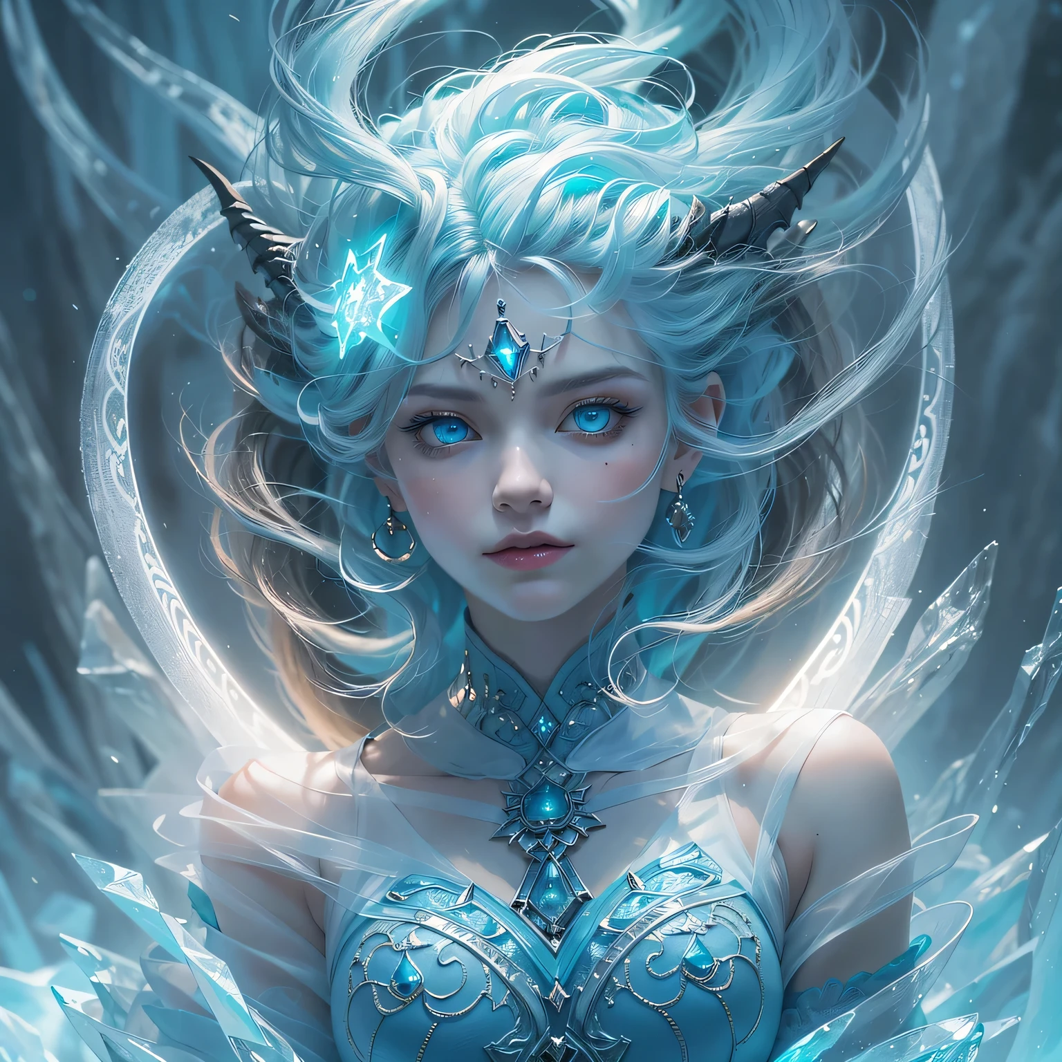 illustration, cinematic light, highres, highest quality, ultra detailed, detailed face, (detailed eyes), best quality, hyper detailed, masterpiece, (detailed face), clean face, mature woman with white skin, angelic face staring, wears dress made of ice (blue, bright white),see through, choker made of ice,crown around ice head nsfw, high heels, blue eyes, Tiny neon tips of platinum shiny hair, dark fantasy forest, bright plants with neon details, dark magic, (portal:1.15) to the ocean in the background, reflection of light, heart-shaped iris, playful eyes, open shoulder, rain, (wet body), small shiny butterfly, long braided horse-shaped hair