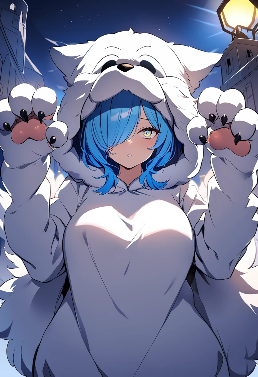 ((best quality, high-quality)), In anime style, ((Wolf Kemomimi Girl)), Solo, ((Big breasts)), ((Mizuiro Hair Berry Berry Short,Blue inner color)), (((Hair over one eye))), (((Yellow and Blue Odd-Eye:1.5))), plump shiny lips, Beautiful clear eyes, Spoken Heart,(((Fluffy, Big Hand Wolf Costume:1.5))), embarrassed, (dynamicposes:1.4), (((Show me your paws, Gao's Pose:1.5))), (Suspicious light, rays of moonlight:1.4), (Moon and castle background), (Blue Full Moon:1.2), Fantasy Worldwide, high-angle shot, masutepiece,Best Quality,ultra-detailliert, ​masterpiece,