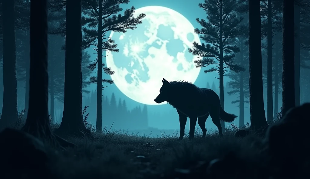 A pine forest, This is the night , a big white moon, a werewolf in the background
