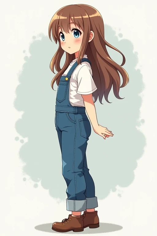 A full-body side-view portrait of a cute anime girl with long, fluffy brown hair, blue eyes, wearing blue overalls over a white shirt, and brown shoes.