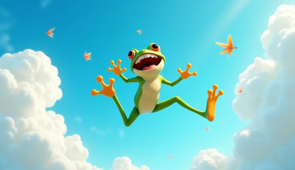 Create an image of a joyful frog leaping high into the sky, with its limbs fully extended and a big, cheerful expression on its face. The frog should be mid-jump, with clouds and a bright blue sky in the background, making it look like the frog is almost touching the sky. Add a few birds or butterflies fluttering nearby to emphasize the height of the jump. The overall scene should be lively and fun, capturing the excitement and energy of the frog's incredible leap.