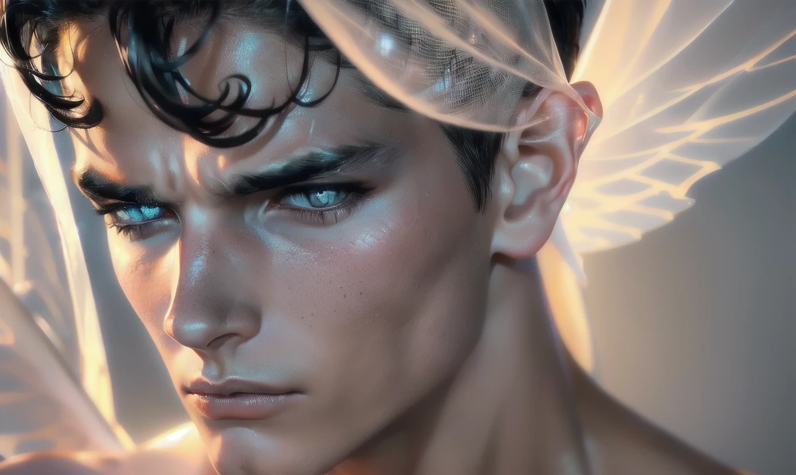 [((highly detailed, detailed eyes, detailed face, clear and realistic facial features, photorealistic, realistic light, cinematic, looking at you)), (1 man), (((((Gorgeous perfect sexy powerful masculine male angel with see-thru wings))))), (((his invisible phantom wings are just hinted at))), ((((short sexy black hair)))), ((((pale silver eyes)))), ((30 years old)), ((wearing flattering white clothes)), (((aura of divine power))), standing in a cozy apartment at nighttime, ((light blush)), (((((wearing an annoyed expression)))))]