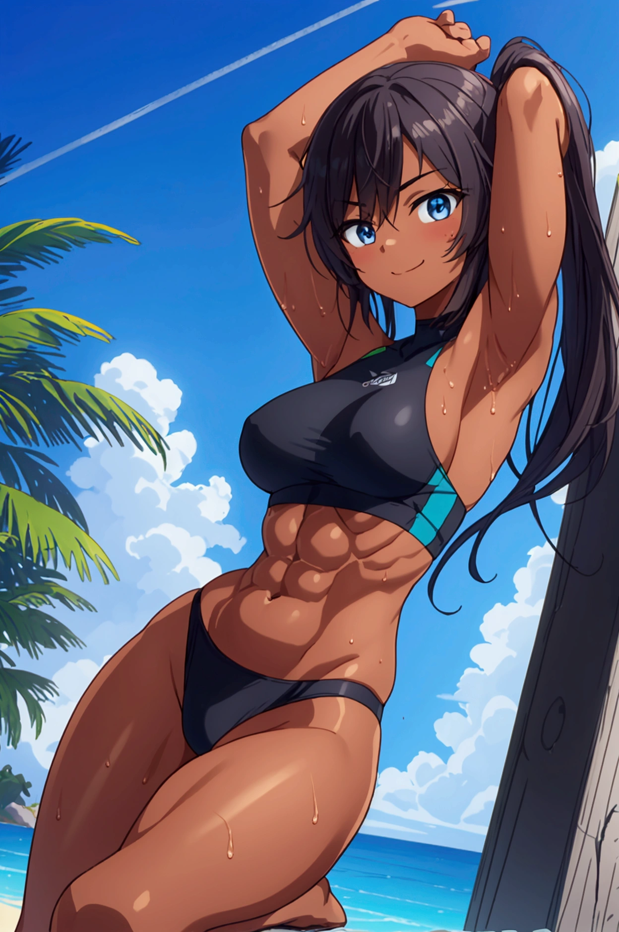 trained abdominal ,Trained deltoids, Brown skin, Dark Skin,Shortcuts,Black Hair,Exposed Abs,Shoulders are exposed,Sports Bra,Realistic Armpits,Anime Art, The whole body fits into the angle of view, Sweat, Contrasting blue sky,Early s,smile,The body is slim,woman,Young印象,Tempered thighs,Oblique Muscle,muscle shadow,boyish,High leg,Pose showing armpits,Low - Angle,Mischievous impression,Neutral face,Young,Lifelike muscles