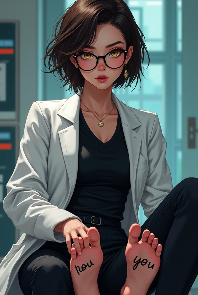 create the image of a 28 year old character with short dark brown hair to the shoulder, round prescription glasses, skin fair, yellow seductive eyes, black jersey, lab coat and tailored pants, earrings and the body reasonably "big fit ass", She is sitting without shoes showing her feet which have 5 toes each and on the sole of one of the character&#39;s feet it says LOVE and on the sole of the other foot it says YOU