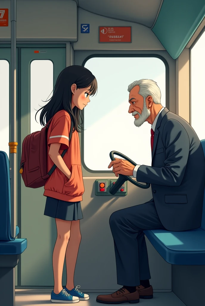 Anime style image of a passenger thanking and saying goodbye to the bus driver.