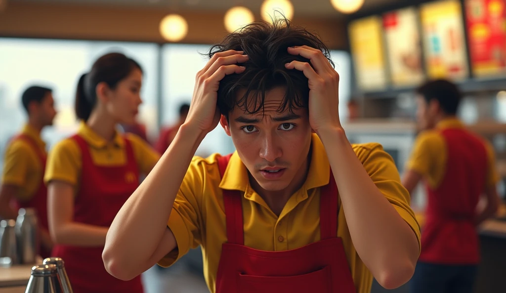 A young man, wrinkled, stressed out, with hands on head pulling hair, working at macdonalds, people working around you, all in red and yellow uniforms, Cinematic realistic illustration
