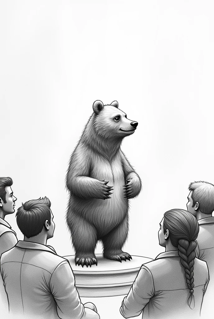 pencil sketch of a bear talking to many humans from a stage