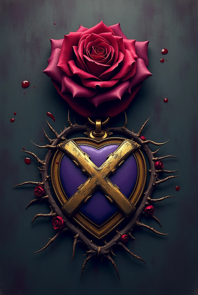 purple heart crossed out with an X with rose thorns and bleeding