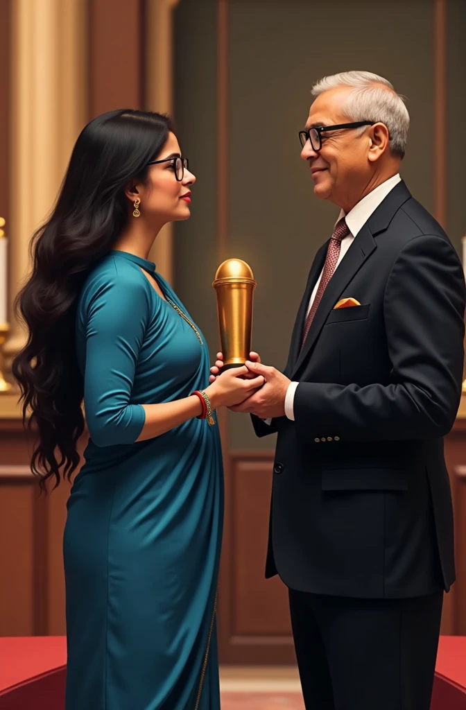 An Indian slim women having long hair and had specs in her face and had worn blue kurti and black leggings reciving an award named Ramanuja Award by the president of India and the shape of the award was cylindrical and the president also wore specs in his have he was having very few hair in his head and had wore a lack blazzer